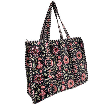 Black And Pink Flower Cotton Quilted Shoulder Bag With Zip, 6 of 6
