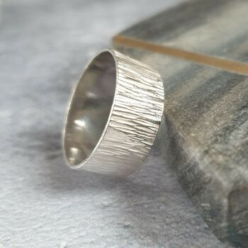 Handmade Superwide Bark Hammered Silver Band Ring, 3 of 6