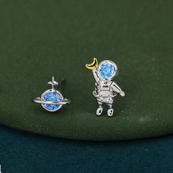 Mismatched Astronaut And Planet Stud Earrings In Sterling Silver, 3 of 10