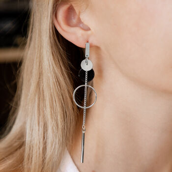Silver Colour Hoop And Disc Long Drop Earrings, 2 of 3