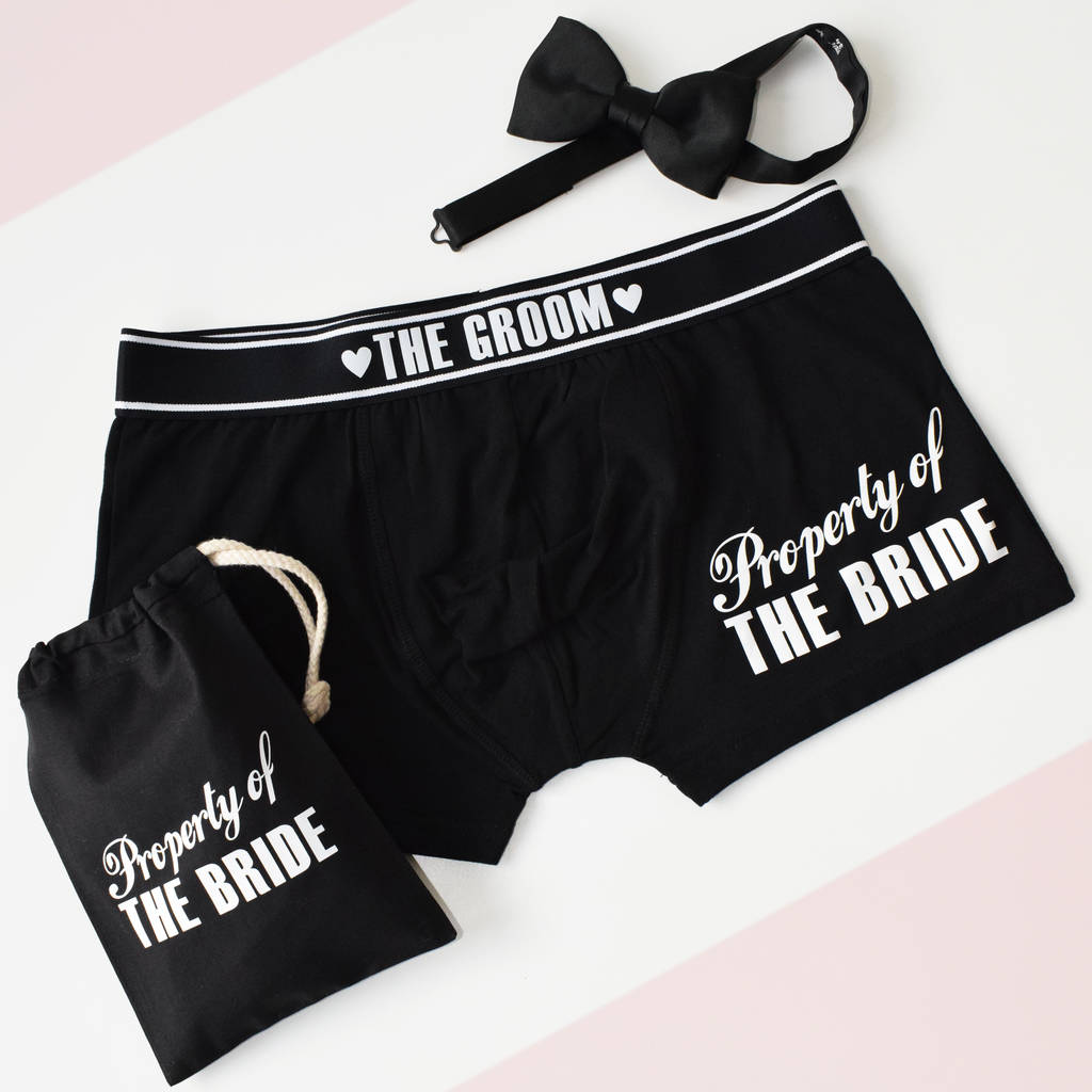 Personalised, Property Of The Bride, Groom Black Boxers By Weasel and Stoat