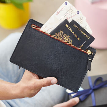 Personalised Double Sided Zip Leather Family Travel Wallet With Engraved Travel Design, 2 of 4