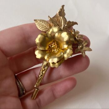 The Titania Buttonhole Gold Brass Floral Groom Lapel Pin Bouttoniere, 2 of 3