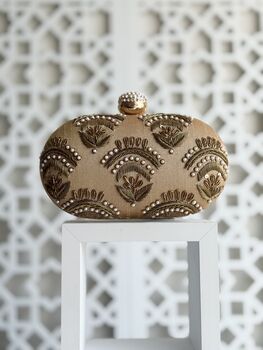 Valeria Gold Embroidered Embellished Oval Clutch Bag, 7 of 8