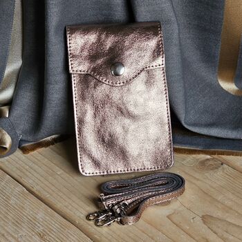 Metallic Leather Cross Body Phone Bag In Bronze, 2 of 3