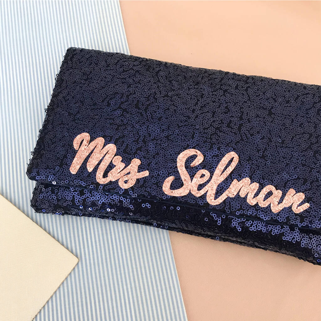 Black Or Navy Sequin Mrs Surname Clutch, 1 of 5