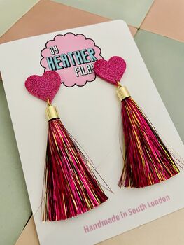 Pink Tassel Heart Glitter Resin Earrings, 2 of 6