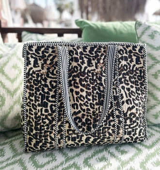 Tote Bag Cotton Leopard Print Quilted Beach Bag, 6 of 6