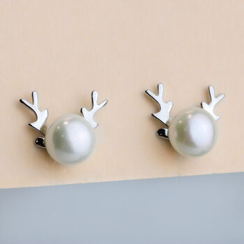 Sterling Silver Pearl Reindeer Stud Earrings, 4 of 6