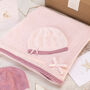 Girls Spot And Bow Pale Pink Baby Blanket And Hat Set, thumbnail 1 of 11