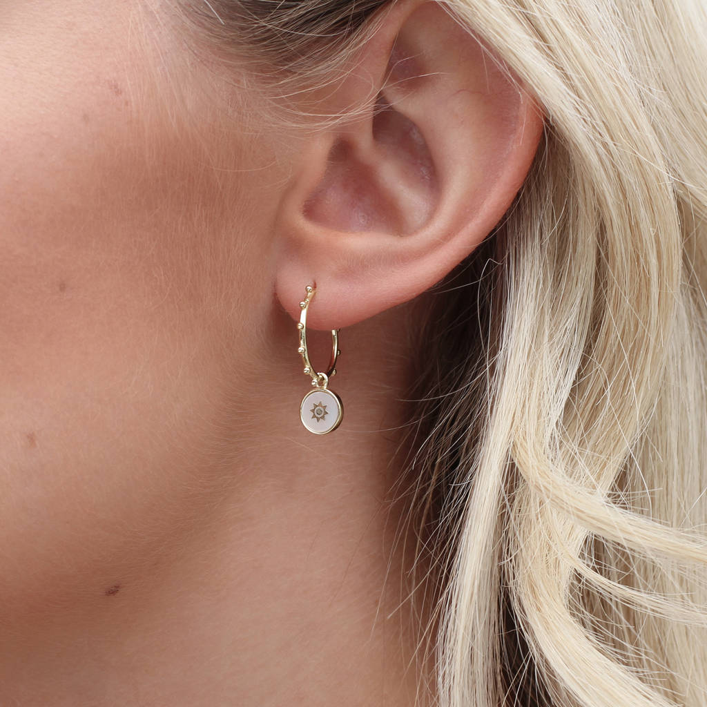 Gold Plated And Mother Of Pearl Charm Hoop Earrings By Hurleyburley