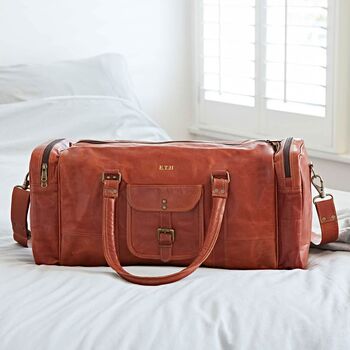 Personalised Brown Leather Holdall With Zipped Pockets, 8 of 12