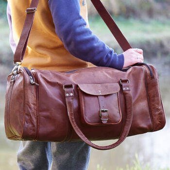 Personalised Brown Leather Holdall With Zipped Pockets, 9 of 11