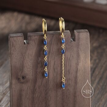 Asymmetric Sapphire Blue Cz Dangle Huggie Hoop Earrings, 8 of 11