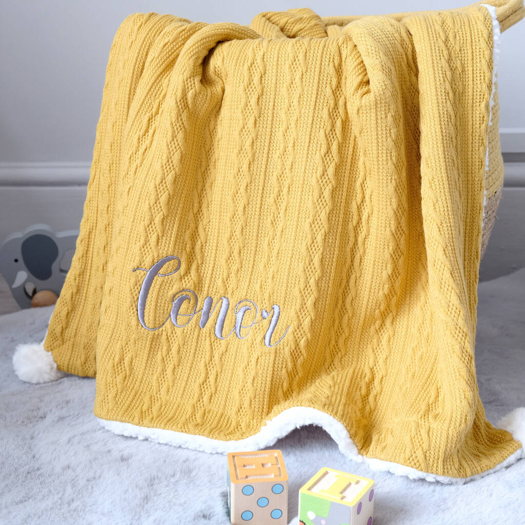 Personalised Knitted Mustard Baby Blanket By DCARO