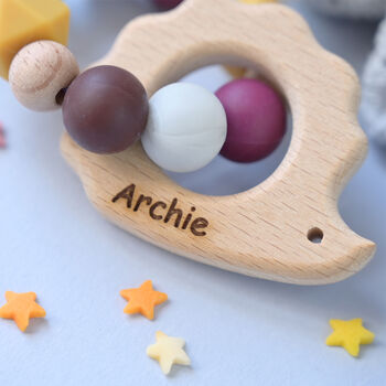 Personalised Baby Teether With Wooden Hedgehog Shape, 2 of 2