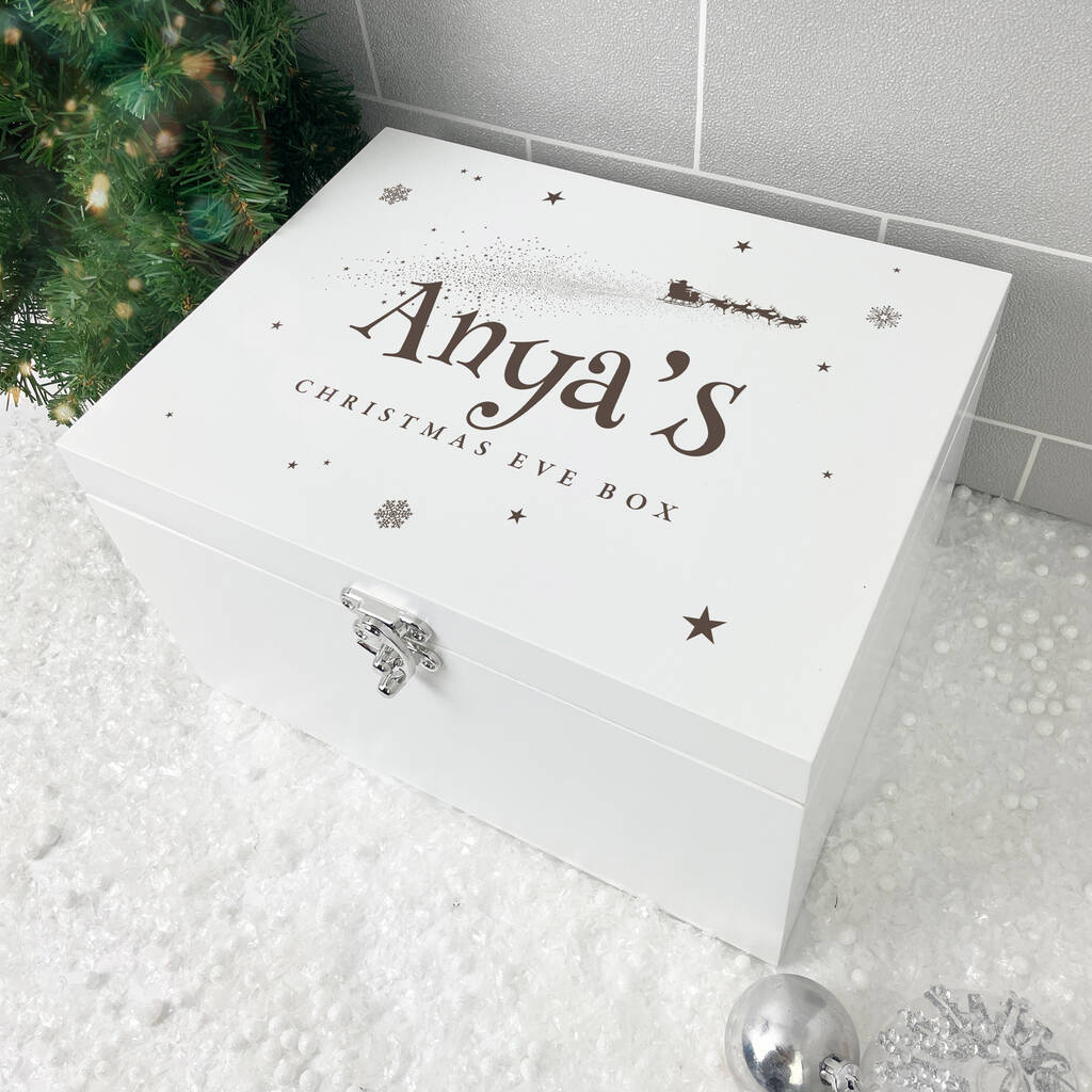 Personalised White Engraved Wooden Santa Sleigh Christmas Eve Box Three Sizes 22cm | 27cm | 30cm, 1 of 5