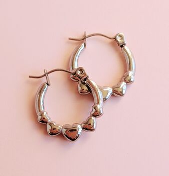 Heart Hoop Stainless Steel Earrings Gold Or Silver Tone, 4 of 9