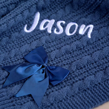 Personalise Steel Blue Knitted Blanket With Bow, 7 of 9