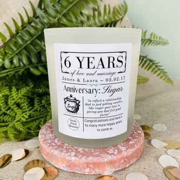 Personalised 6th Sugar Anniversary Meaning Candle, 3 of 11