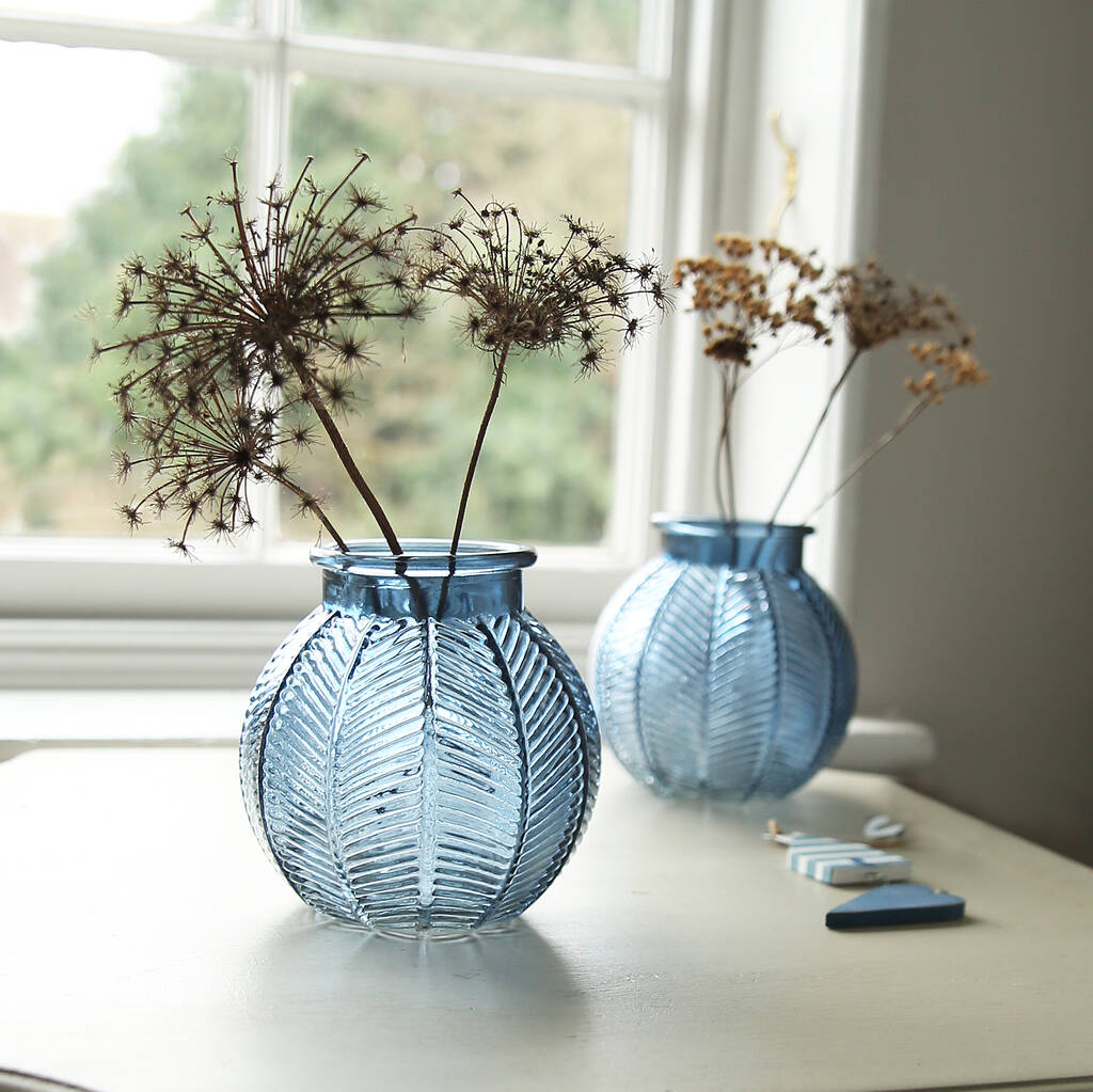 Blue Embossed Leaves Glass Vase By Clem & Co