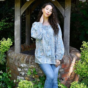 Block Printed Blue Cornflower Cotton Blouse 'Emery', 4 of 5