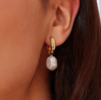 Gold Or Silver Thick Squared Hoop Pearl Drop Earrings, 2 of 7