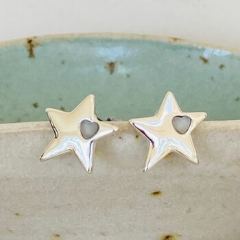 Silver Plated Star Earrings With Heart Insert, 2 of 5