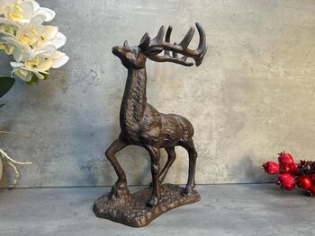 33cm Heavy Cast Iron Deer Figurine Standing Stag On Plinth, 7 of 9