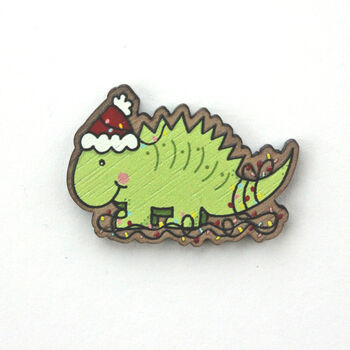 Christmas Dinosaur Cute Kawaii Wooden Pin Badge, 2 of 3