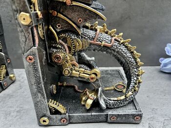 Pair Of Steampunk Dragon Bookends – Silver And Gold Retro, 9 of 12