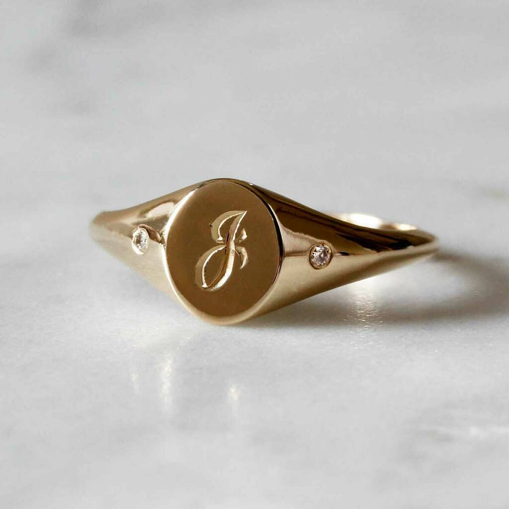 Mini Initial And Diamonds Signet Ring Gold/Silver, 1 of 12