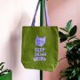 Handprinted Waxed Canvas Tote Bag Purple On Green, thumbnail 1 of 2