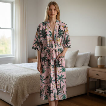 Jungle Print 100% Cotton Dressing Gown In Pale Pink, 2 of 7