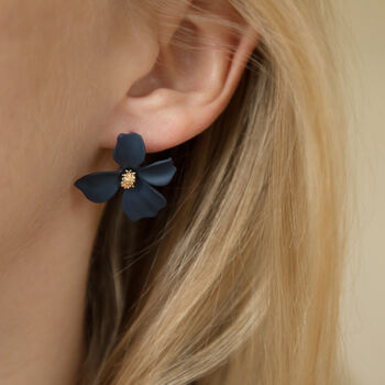 Navy Blue Hand Painted Flower Stud Earrings, 3 of 3