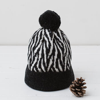 Lambswool Knitted Zebra Pom Pom Hat, 2 of 12