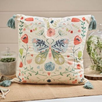 Floral Butterfly Cushion With Embroidery And Tassels, 2 of 6