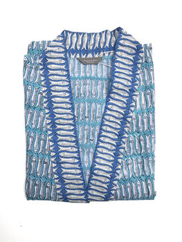 Cotton Block Print Kimono Turquoise And Blue Fish, 6 of 7