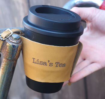 Personalised Reusable Coffee Cup Leather Bike Holder, 4 of 9