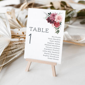 Wedding Seating Plan Cards Burgundy Red Pink Florals, 4 of 7
