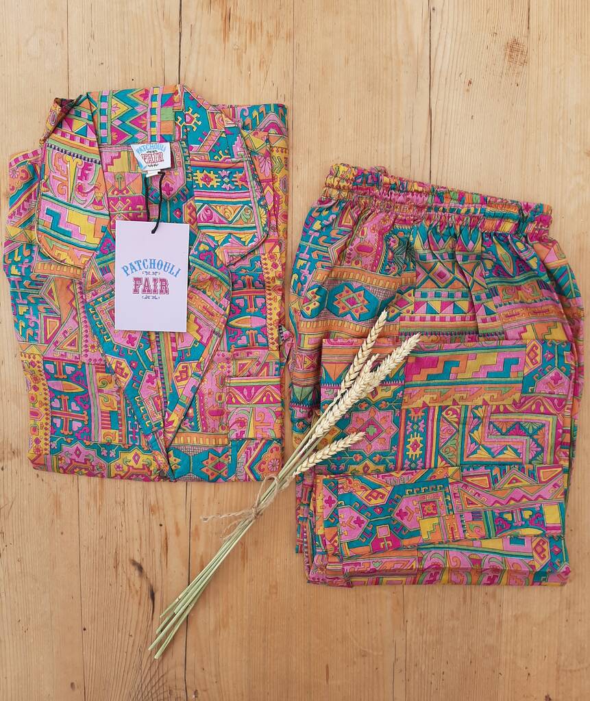 Up-Cycled Sari Silk Pyjamas in Wheat - Indian Rose