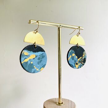 Handmade Leather Large Full Moon Dangly Earrings Marbled, 6 of 9