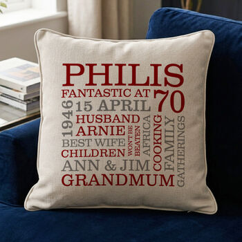 Personalised 70th Birthday Word Art Cushion, 7 of 9
