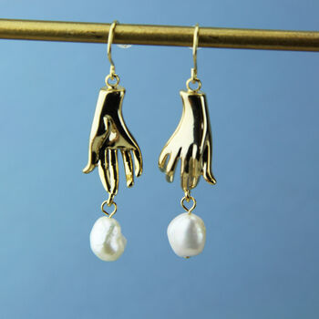 Gold Plated Hand And Pearl Dangle Earrings, 6 of 9