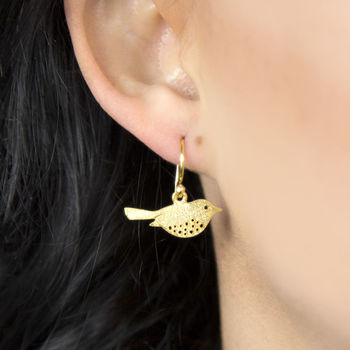 Gold Plated Sterling Silver Little Bird Dangly Earrings, 2 of 4