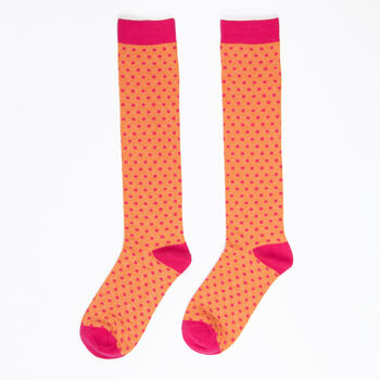 Women's Knee High Glitter Socks Orange Pink Polka Dot, 2 of 2