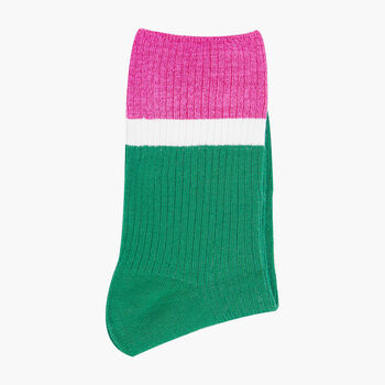 Glitter Mid Calf Ribbed Cotton Boot Socks Contrast Cuff Green Pink, 3 of 3
