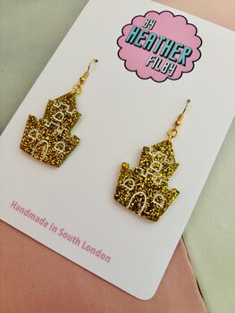 Gold Sandcastle Glitter Resin Earrings / Summer Holiday Jewellery / Seaside Memories Gift / Summer Party Jewellery, 4 of 5