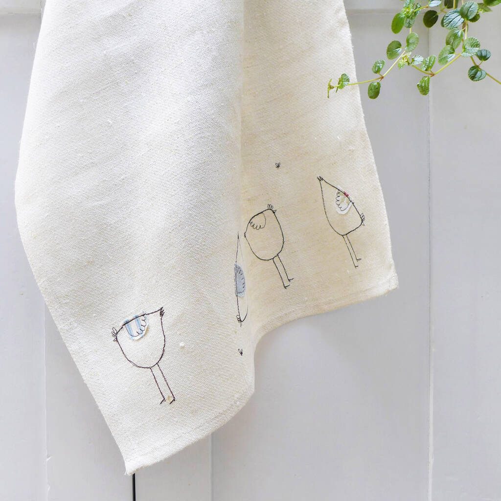 Embroidered Linen Hens Tea Towel By Charlotte Macey