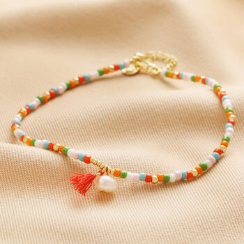 Colourful Pearl And Tassel Beaded Anklet In Gold, 2 of 3